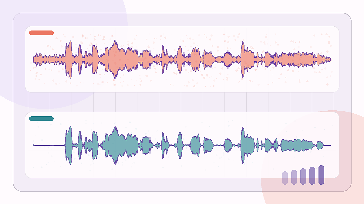 Waveform comparison of a cafe-noise speech clip before and after voice isolation.