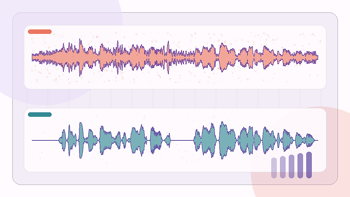 Waveform comparison of a noisy bus speech clip before and after voice isolation.