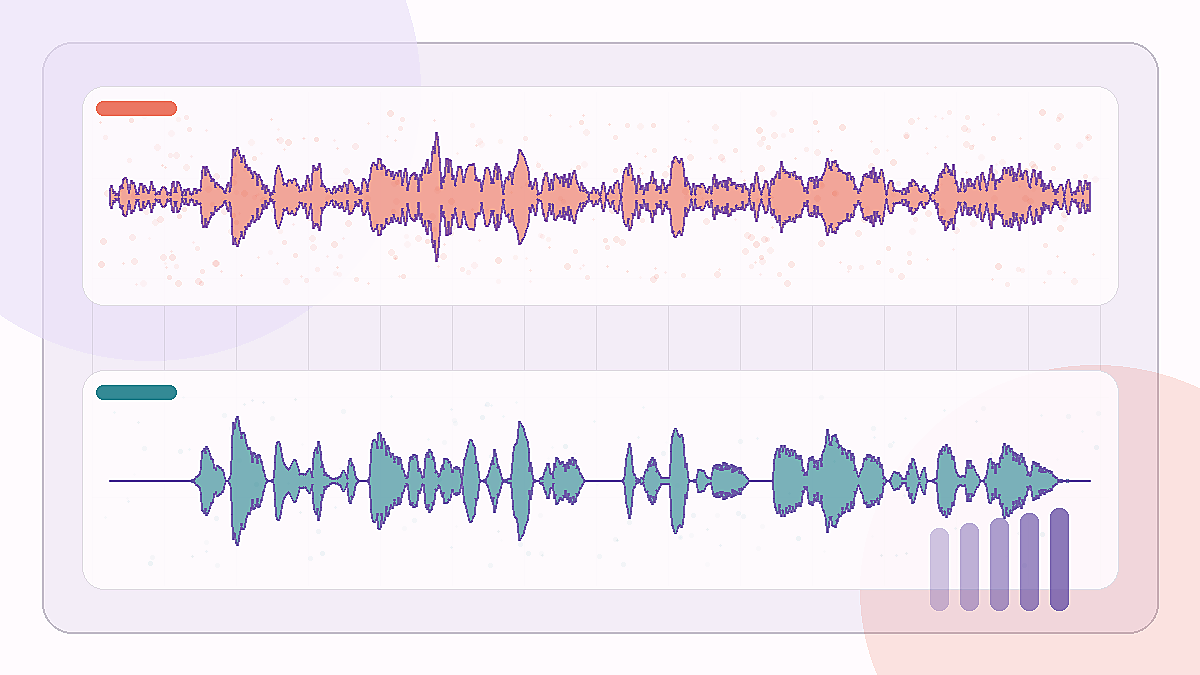 Waveform comparison of an office-noise speech clip before and after voice isolation.